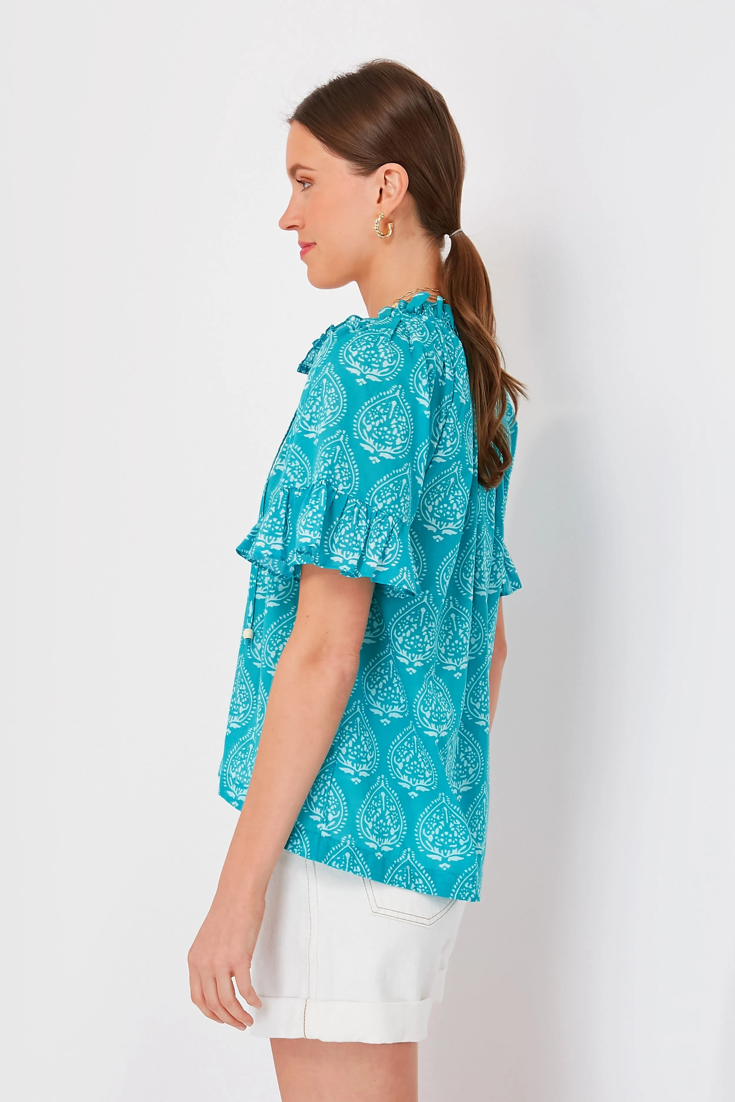 Tropical Teal Lantern Block Print Cassis Top