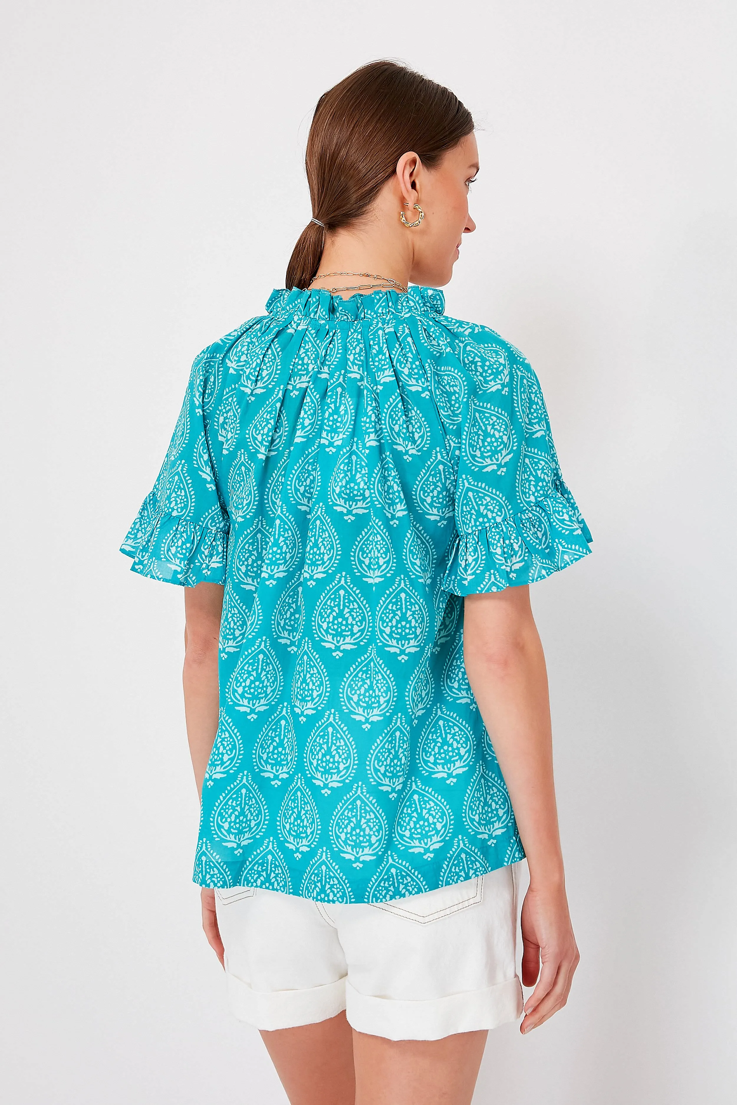 Tropical Teal Lantern Block Print Cassis Top