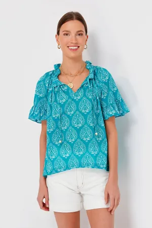 Tropical Teal Lantern Block Print Cassis Top