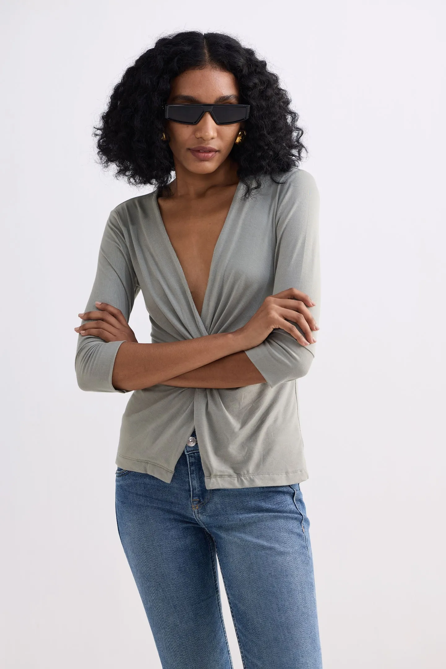 Twist Front Knit Shirt in Light Olive