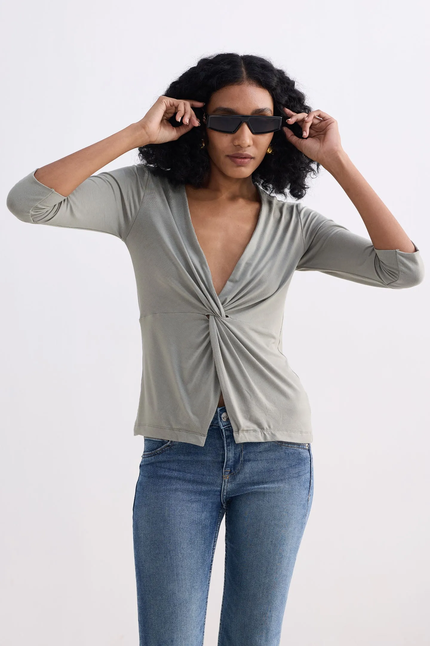 Twist Front Knit Shirt in Light Olive