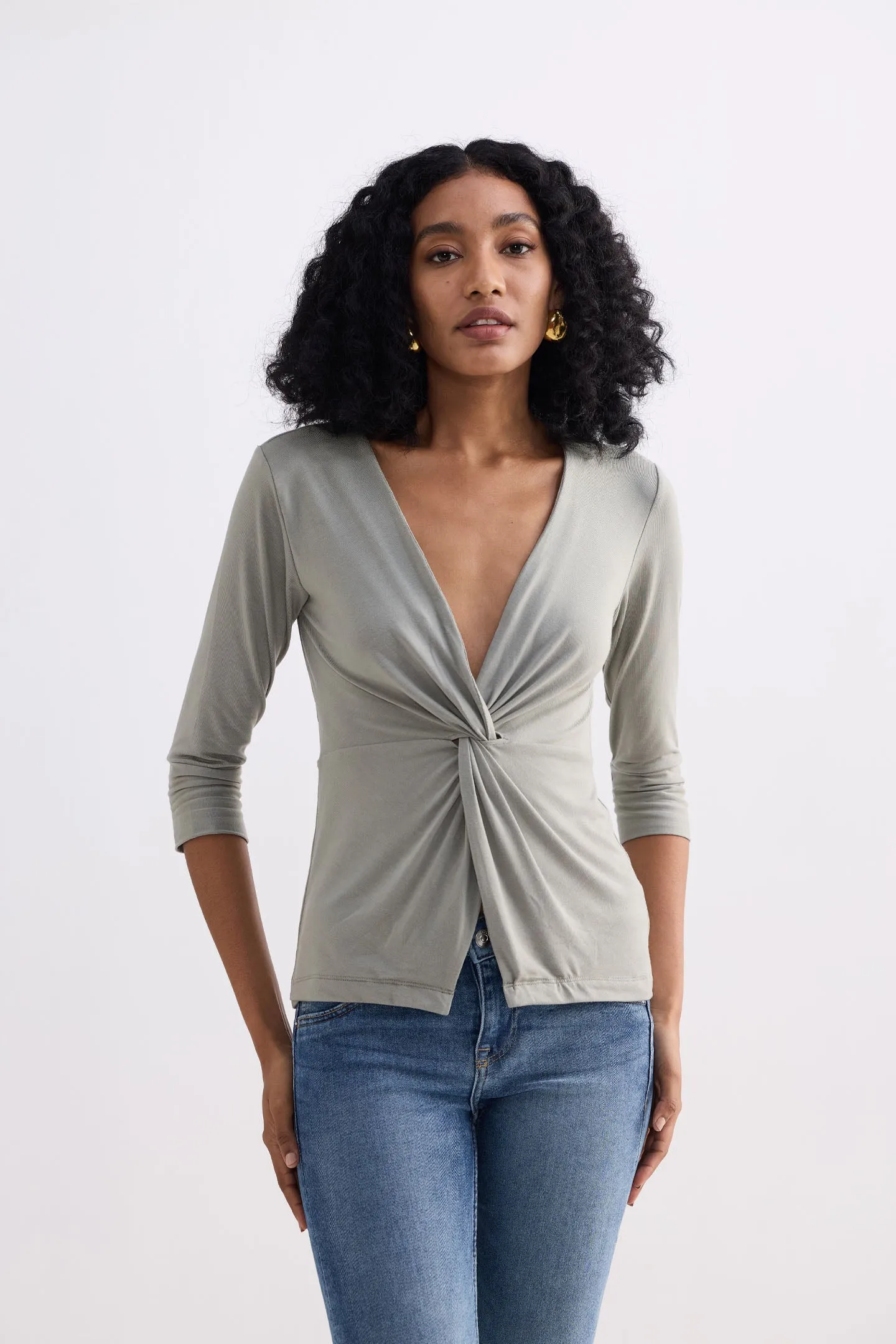 Twist Front Knit Shirt in Light Olive