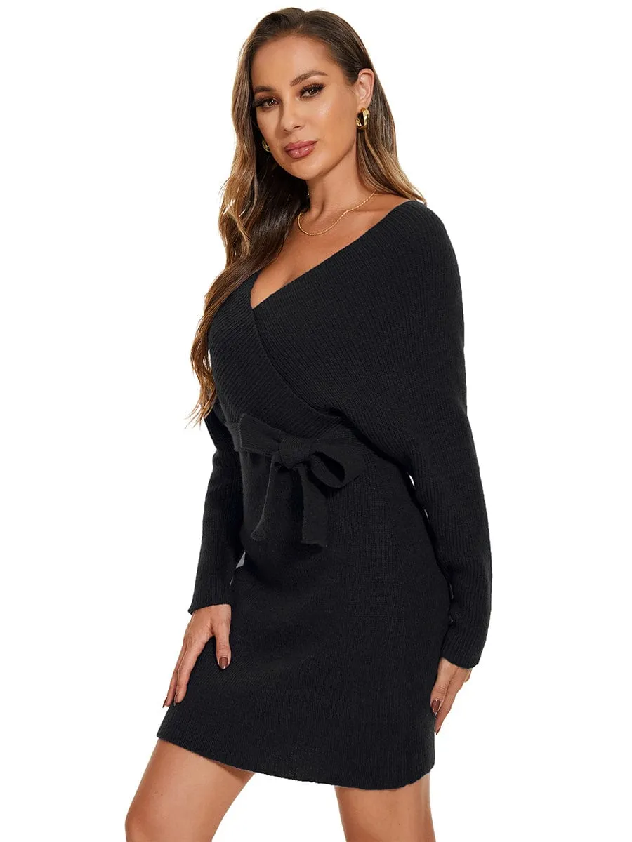 V-Neck Wrap Long Dolman Sleeve Knit Bodycon Sweater Dress