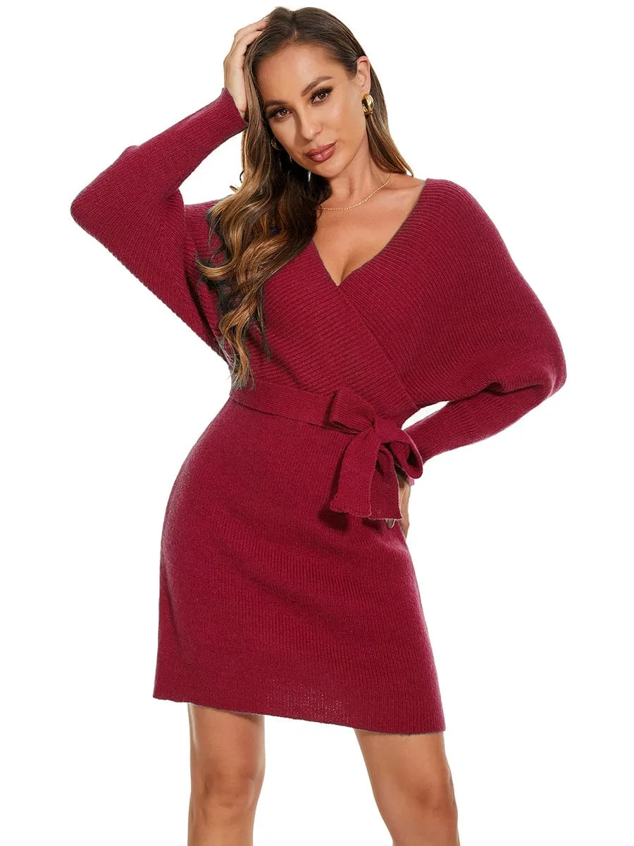 V-Neck Wrap Long Dolman Sleeve Knit Bodycon Sweater Dress