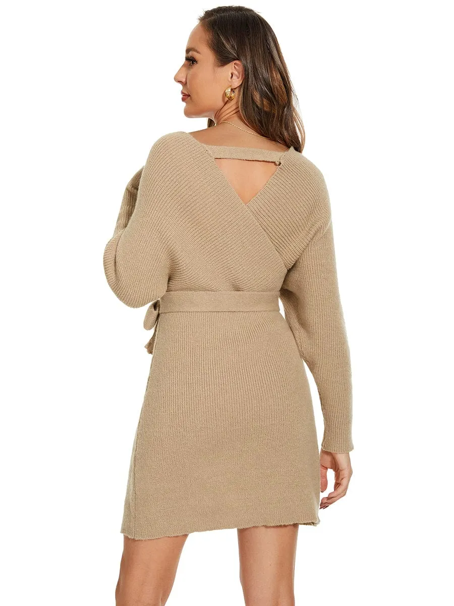 V-Neck Wrap Long Dolman Sleeve Knit Bodycon Sweater Dress