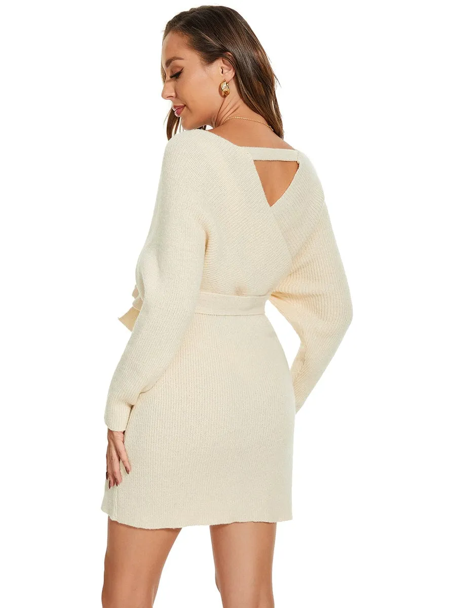 V-Neck Wrap Long Dolman Sleeve Knit Bodycon Sweater Dress