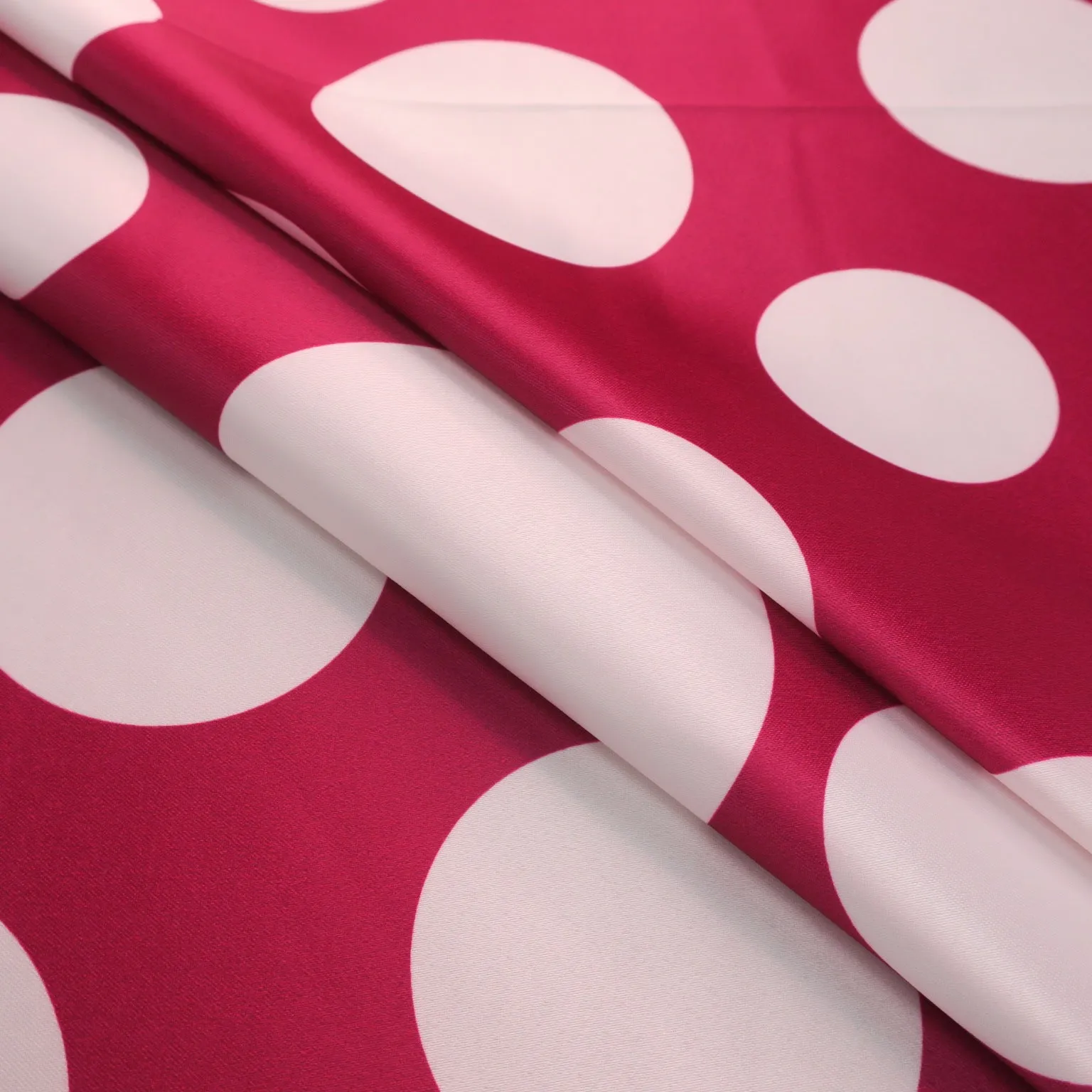 White Circles on Pink Printed Polyester Mikado Fabric