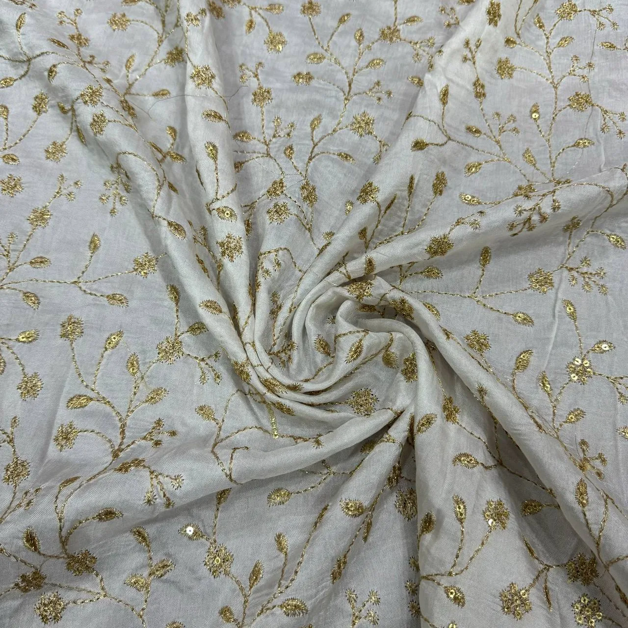 White Floral Dyeable Embroidered Viscose Dola Silk Fabric (Wholesale)