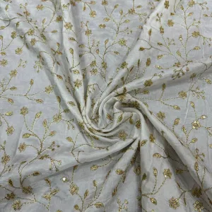 White Floral Dyeable Embroidered Viscose Dola Silk Fabric (Wholesale)