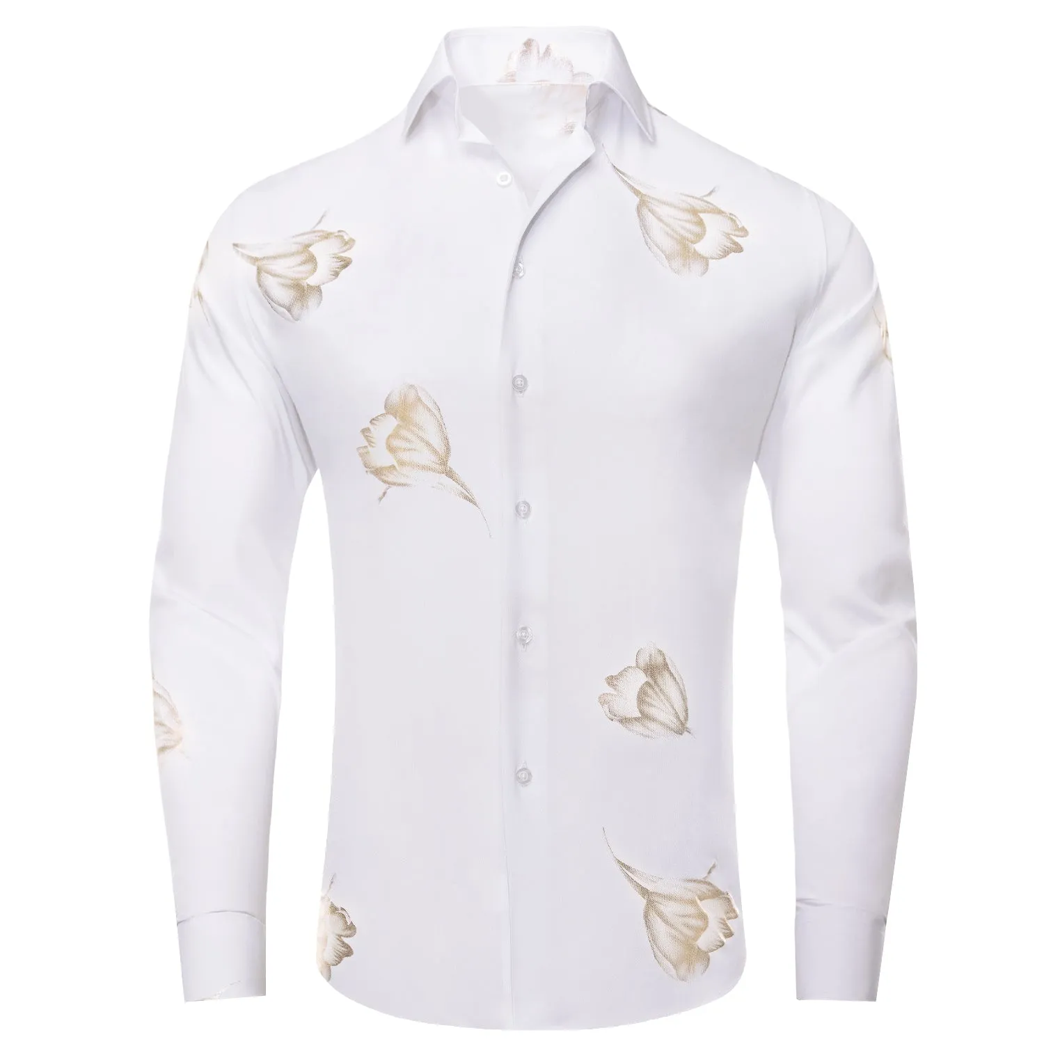 White Golden Floral Silk Men's Long Sleeve Shirt