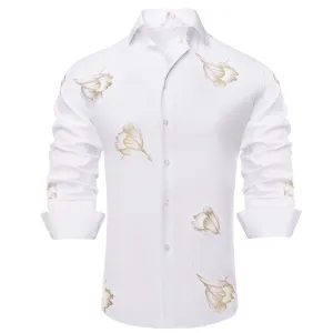 White Golden Floral Silk Men's Long Sleeve Shirt