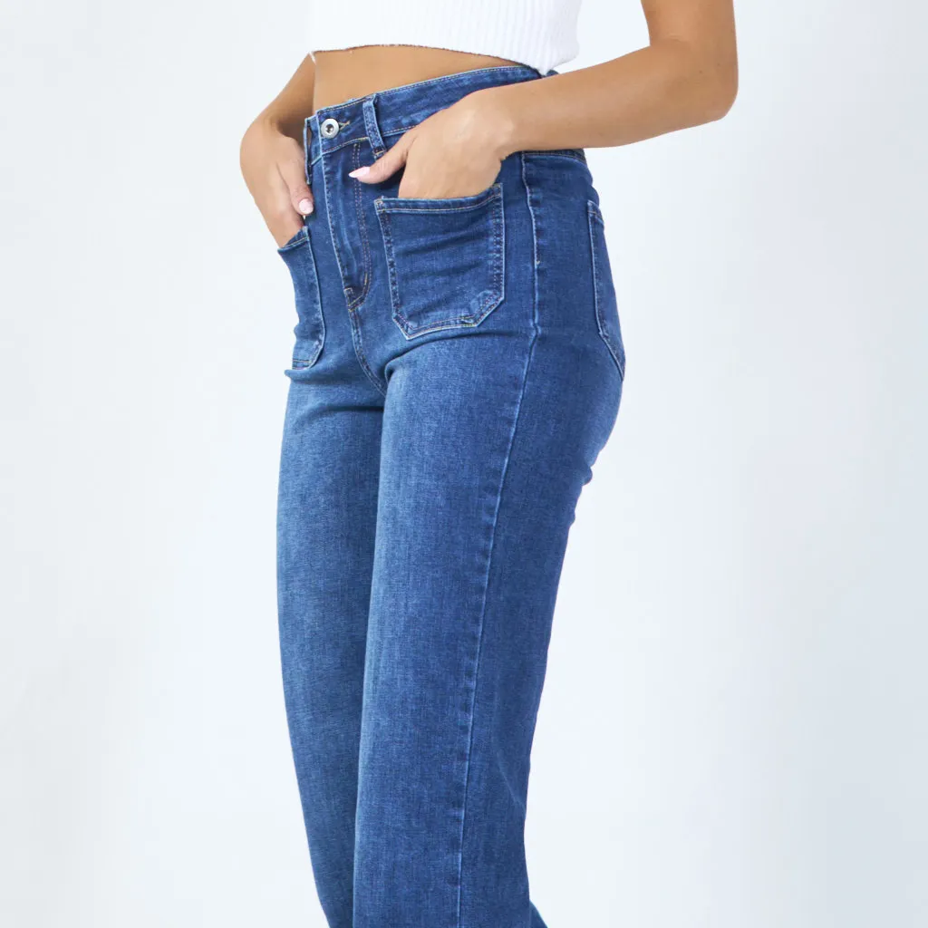 Wide-leg denim jeans with front patch pockets wholesale