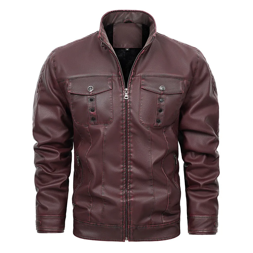 Wine Red Male PU Leather Bomber Jacket