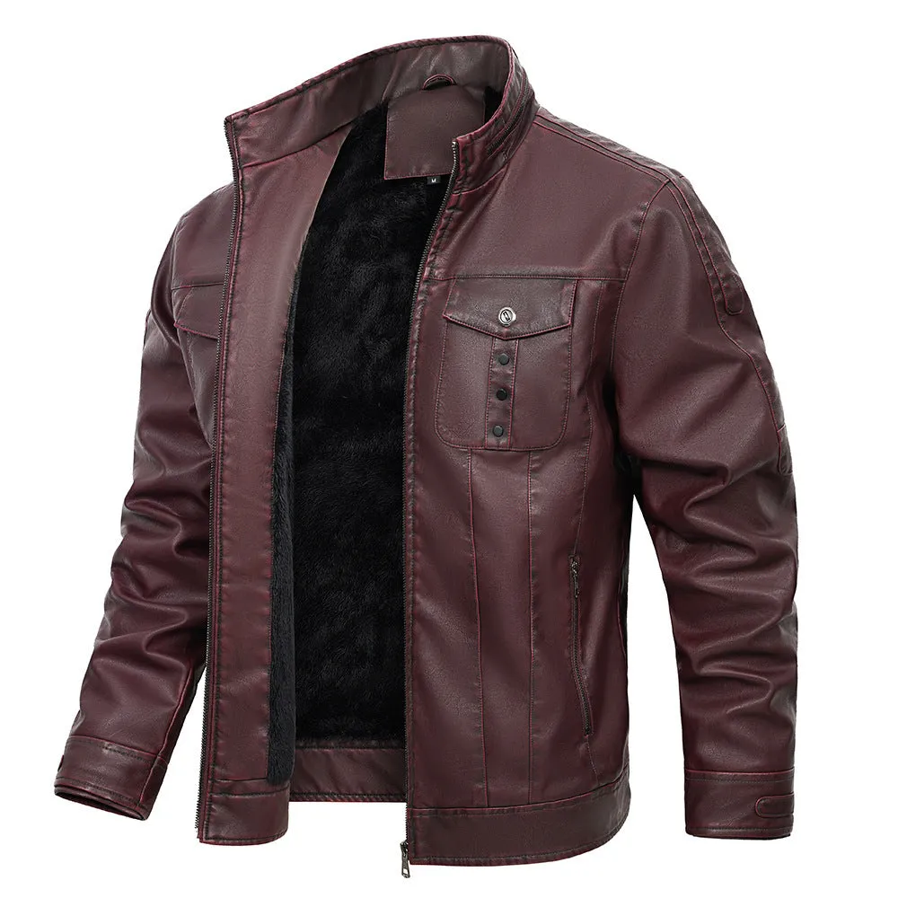 Wine Red Male PU Leather Bomber Jacket