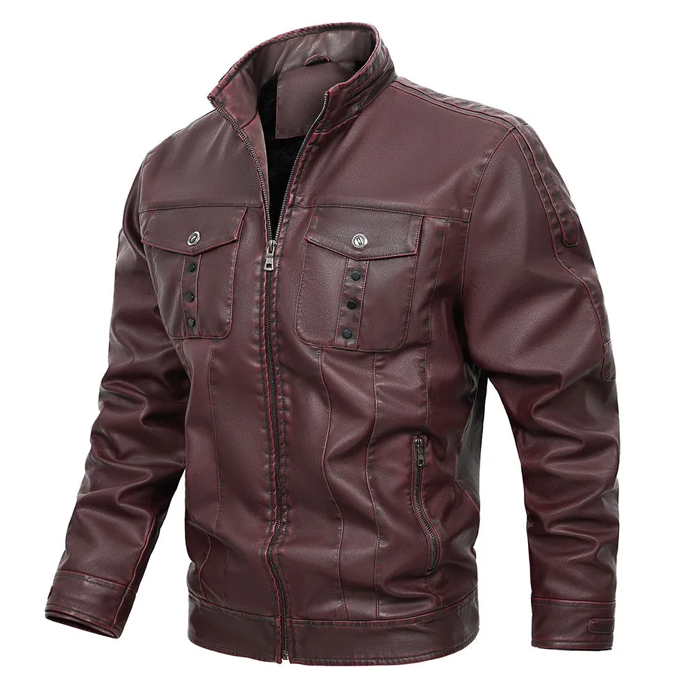 Wine Red Male PU Leather Bomber Jacket