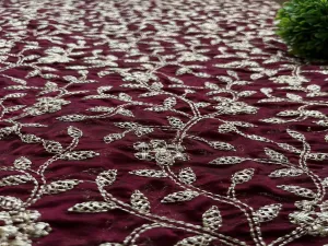 Wine Zardozi Work Silk Georgette Fabric (Wholesale)