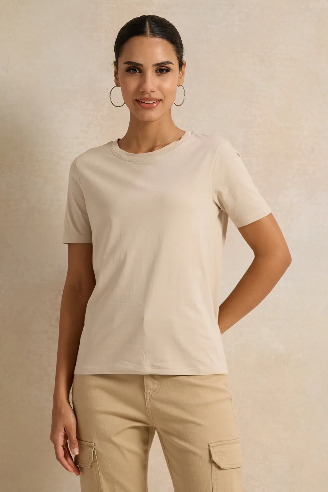 Women Beige Crew Neck T-Shirt