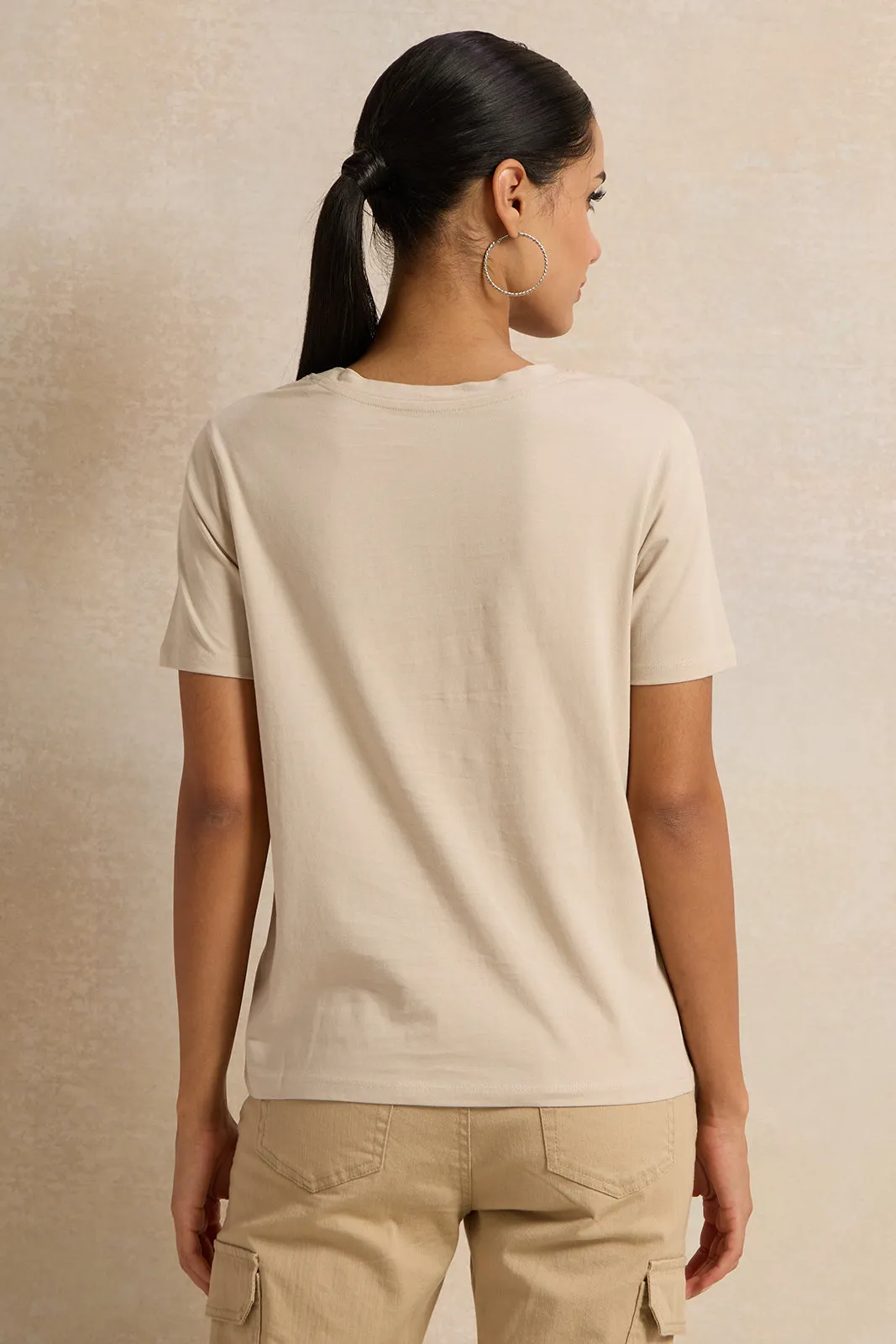 Women Beige Crew Neck T-Shirt