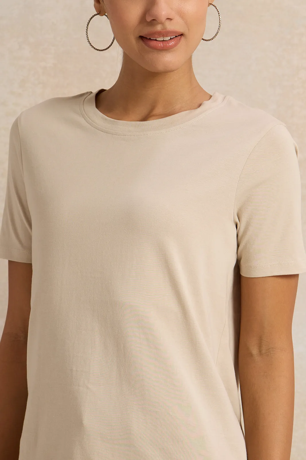 Women Beige Crew Neck T-Shirt