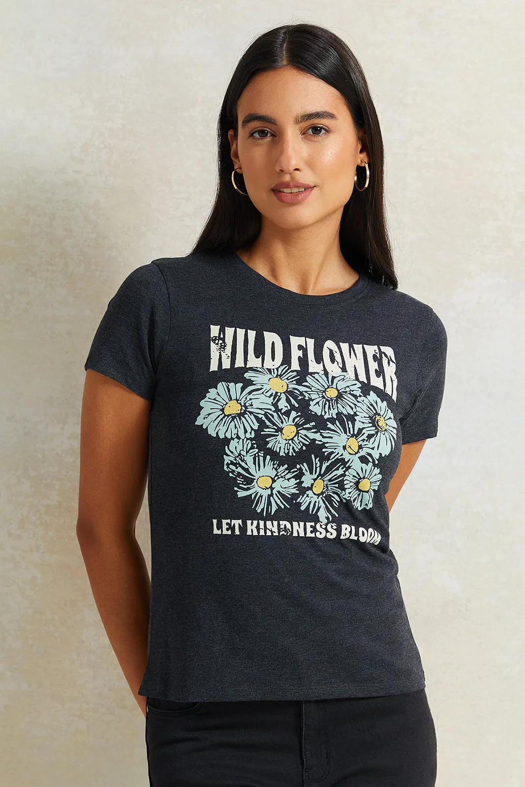 Women Charcoal Floral Printed T-Shirt