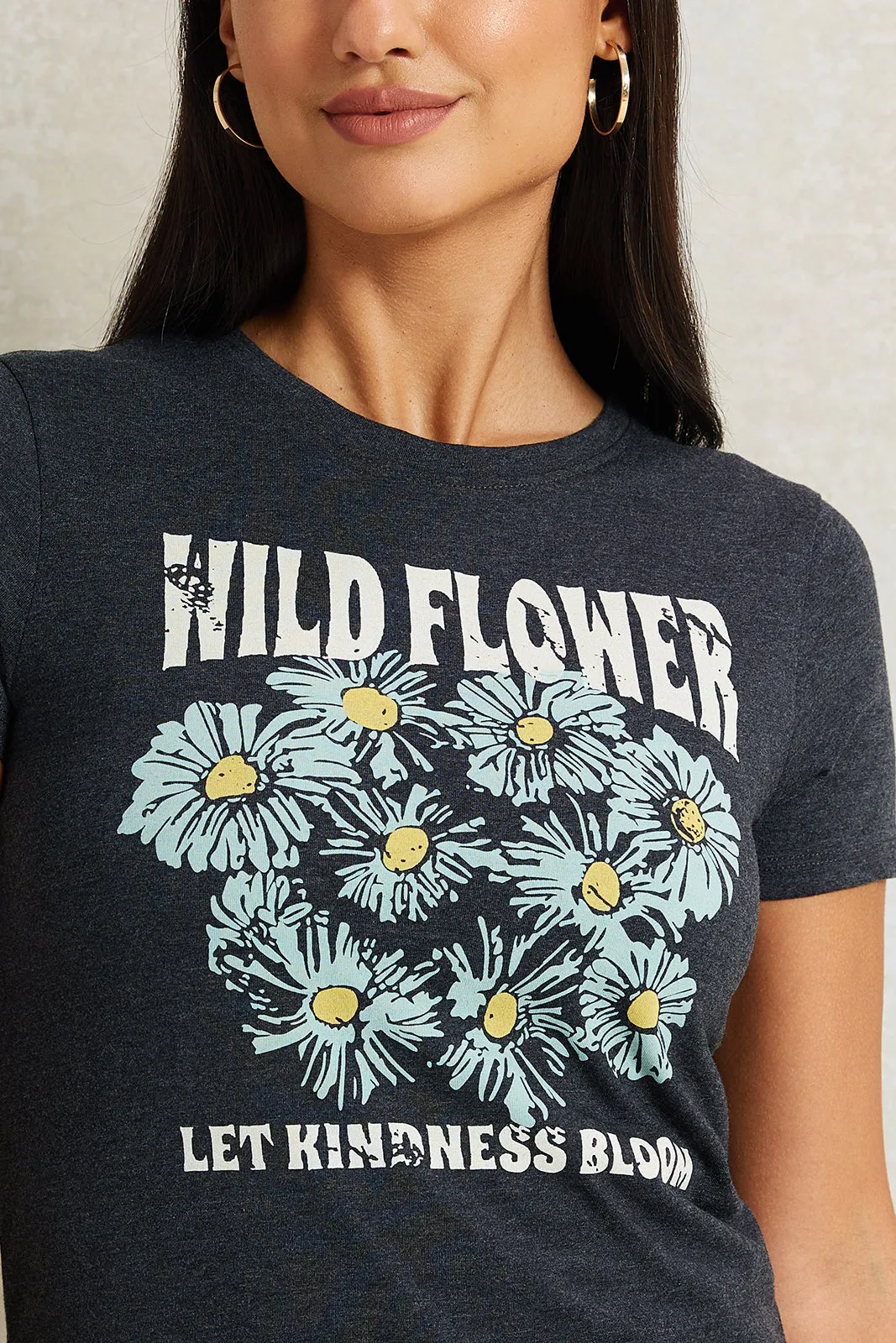 Women Charcoal Floral Printed T-Shirt