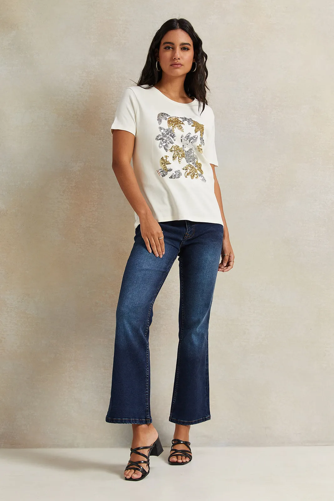 Women Cream Sequence Embellished T-Shirt