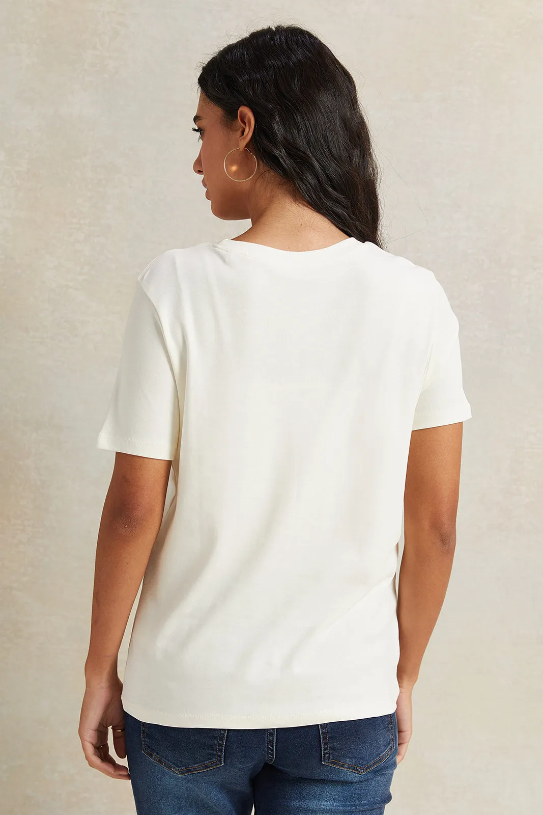 Women Cream Sequence Embellished T-Shirt