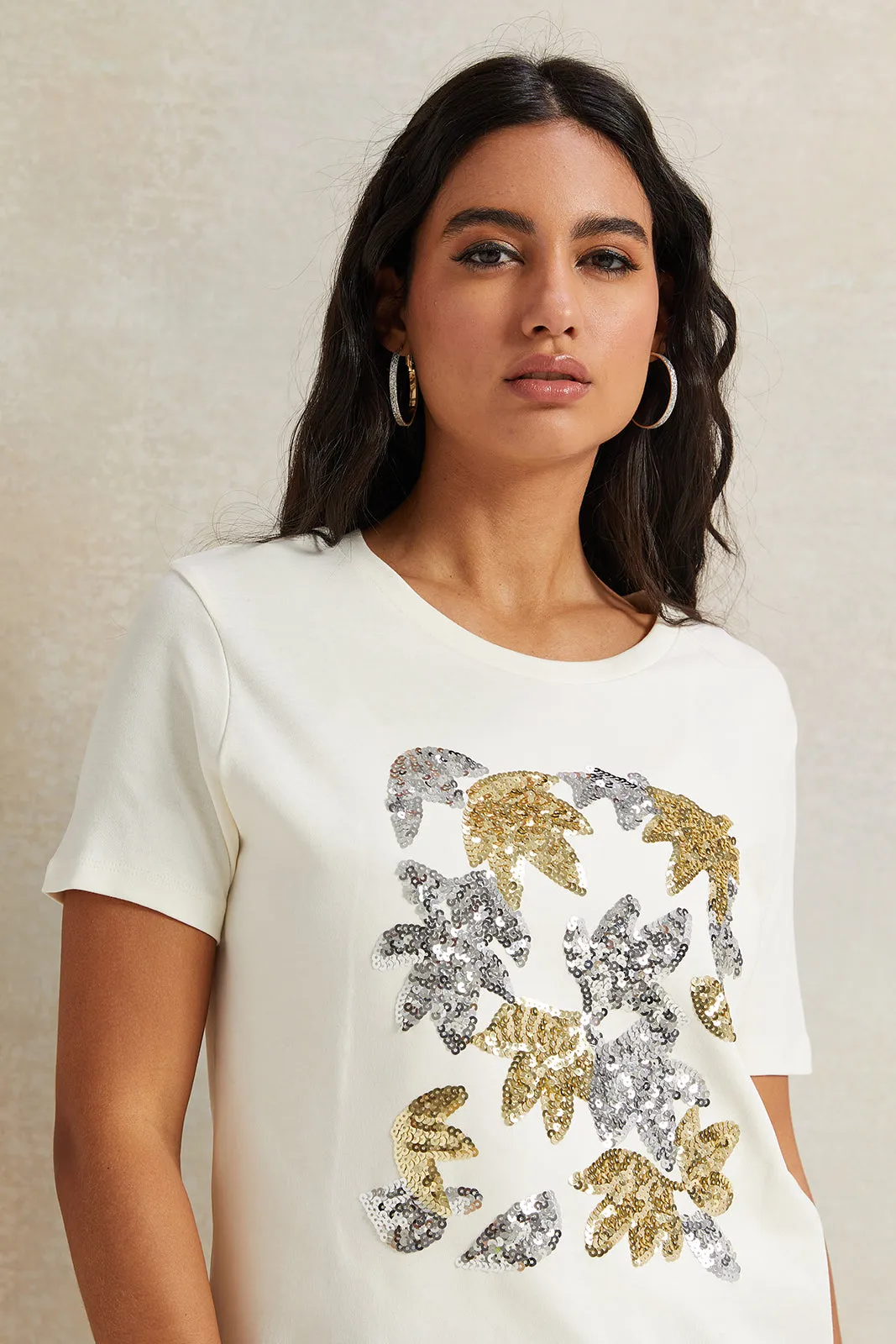 Women Cream Sequence Embellished T-Shirt