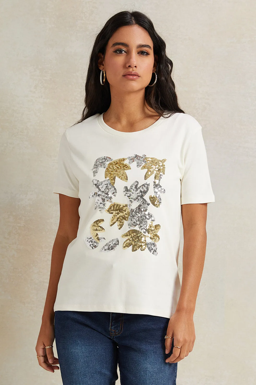 Women Cream Sequence Embellished T-Shirt