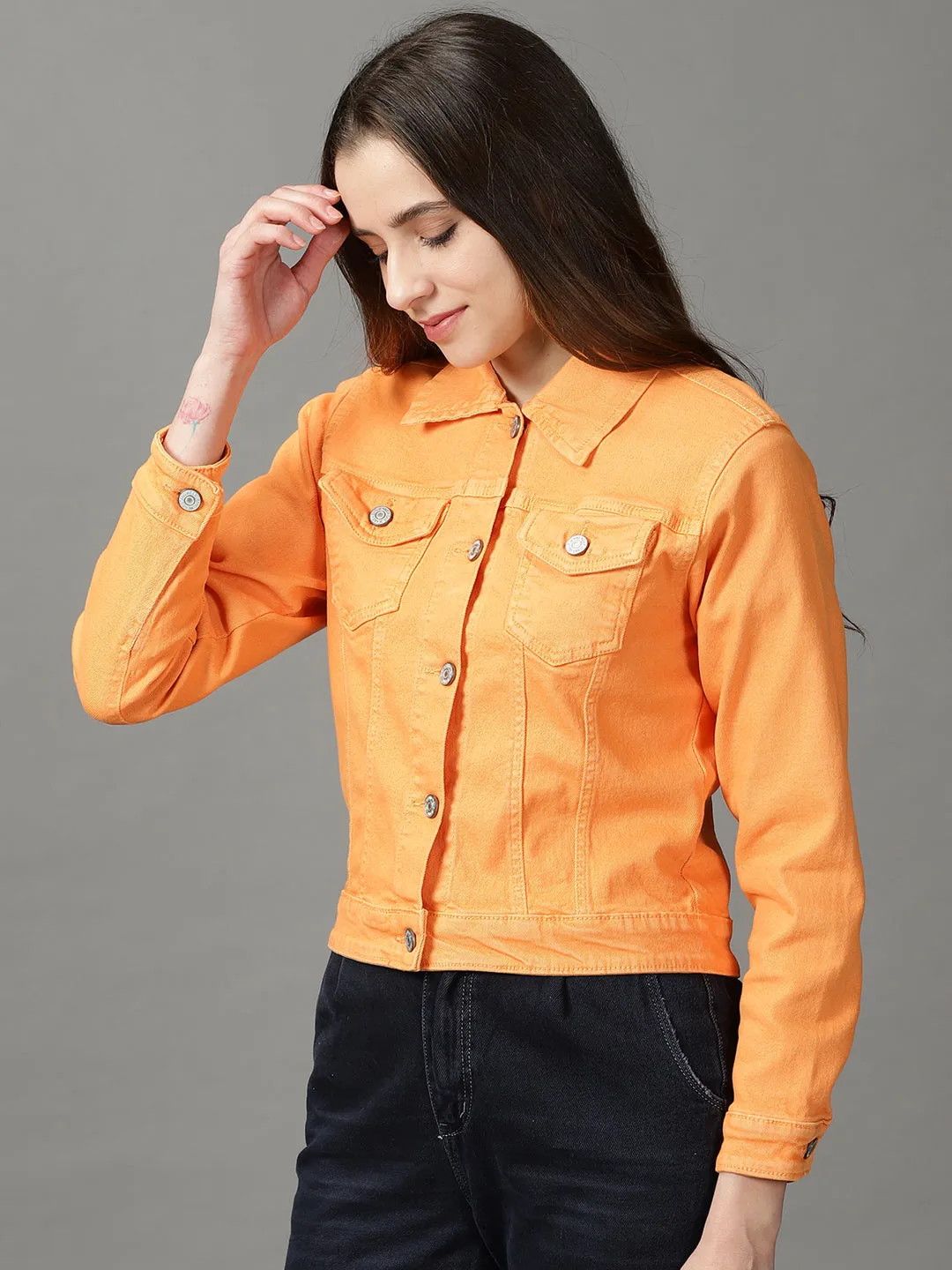 Women's Orange Solid Open Front Jacket