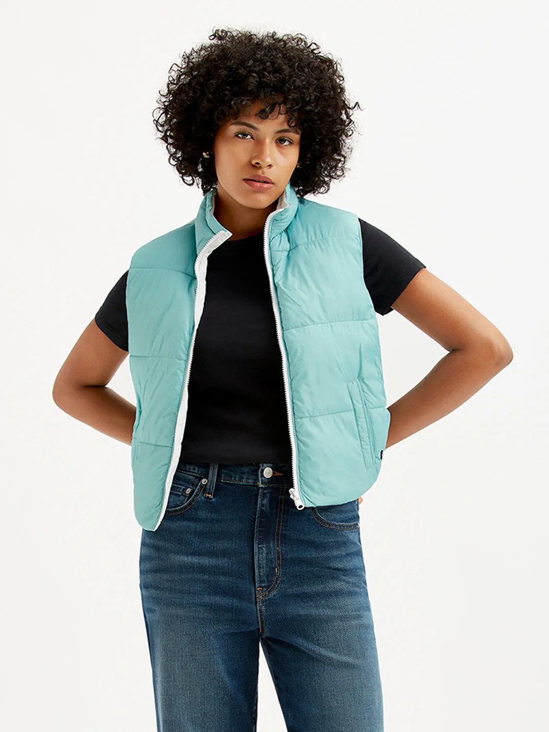 Women's Quilted Light-Blue High Neck Puffer Jacket