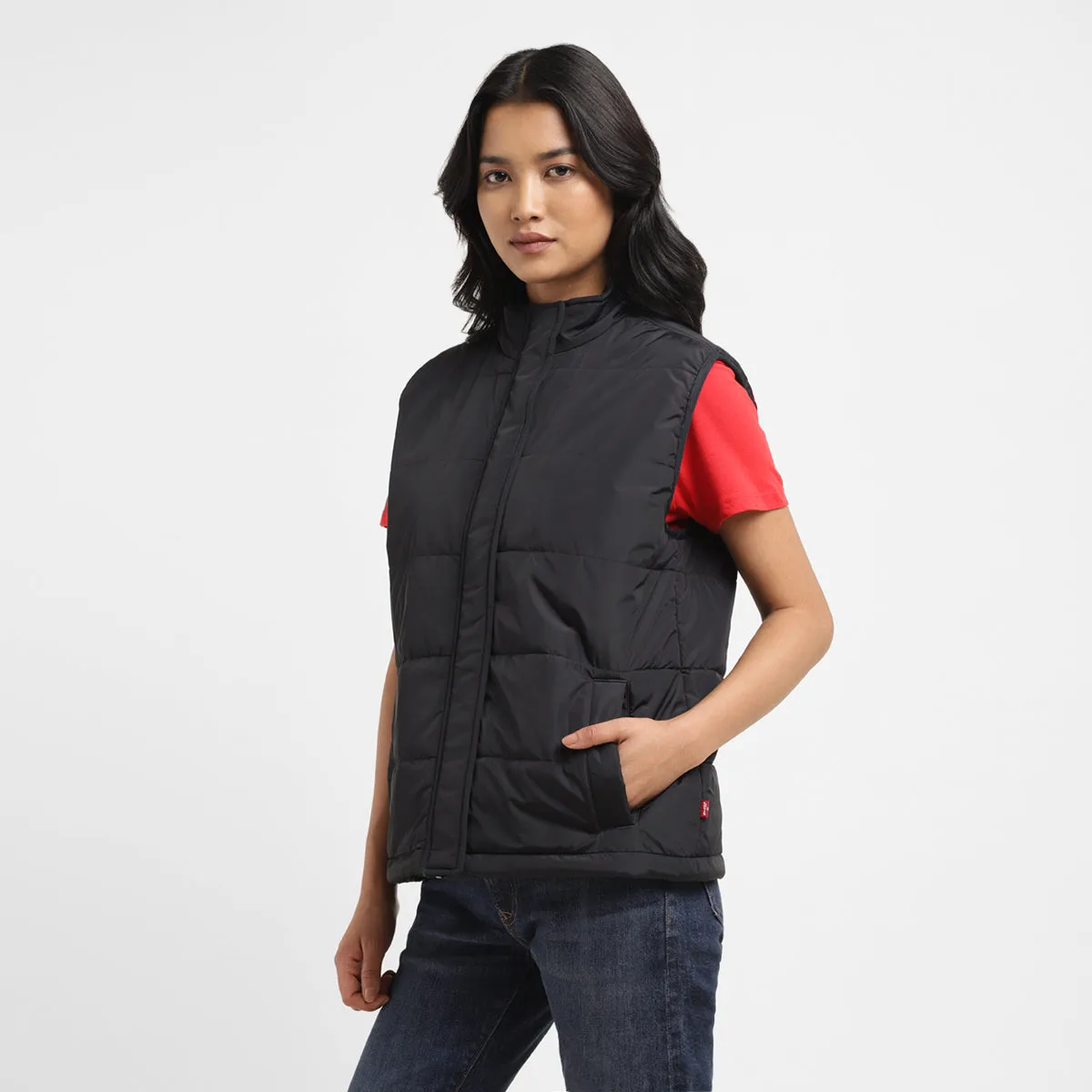 Women's Solid Black High Neck Padded Jacket