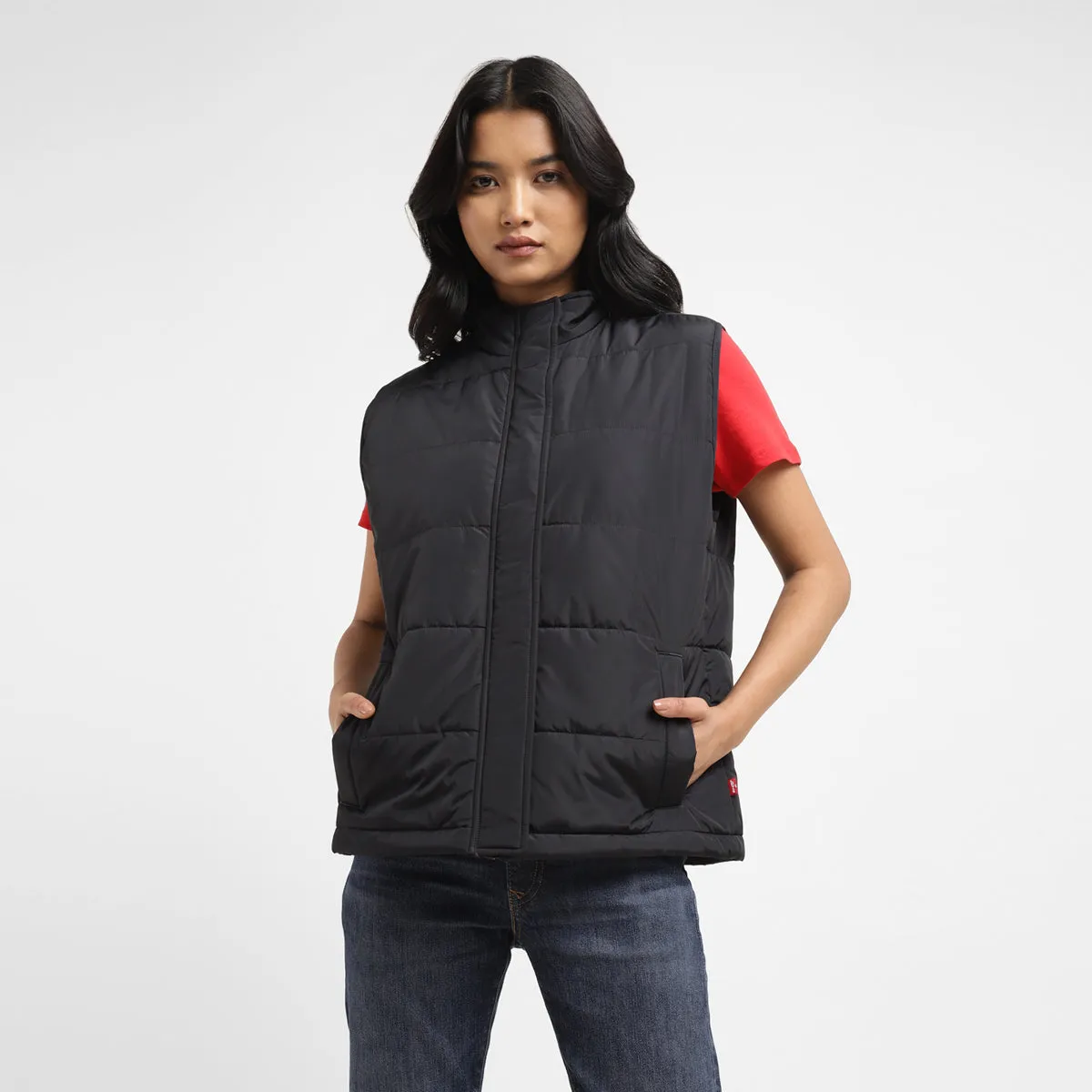 Women's Solid Black High Neck Padded Jacket