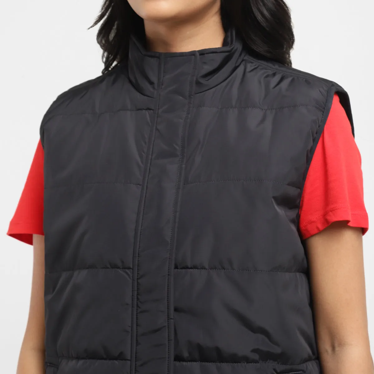 Women's Solid Black High Neck Padded Jacket