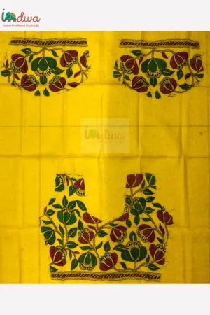 Yellow Kantha Work Blouse Fabric With Maroon & Green Motifs